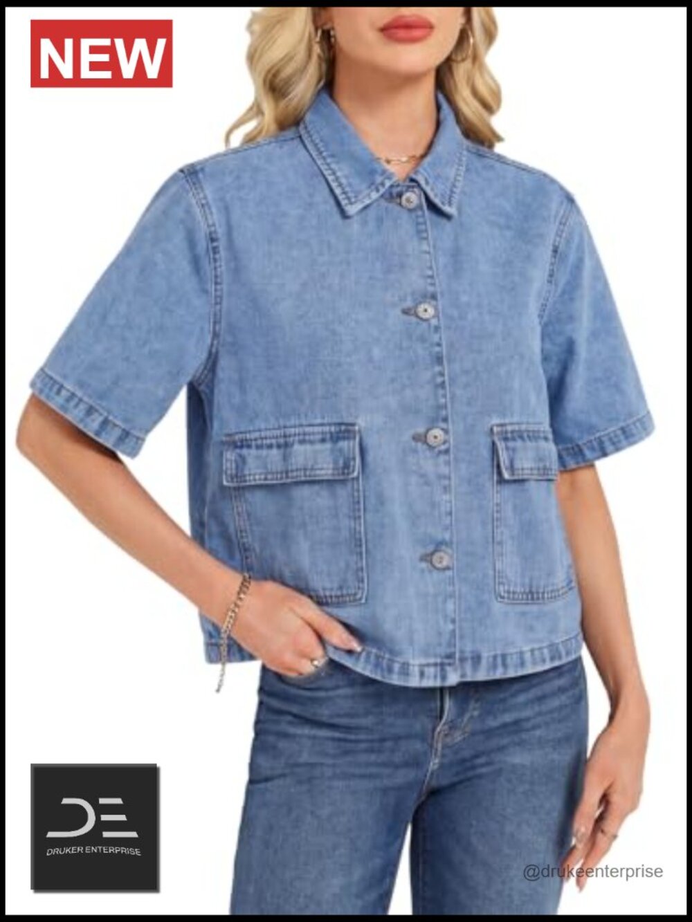 Crop Denim Jacket Short Sleeve Boxy Fit Collared Jean Top with Pockets - Picture 4 of 6